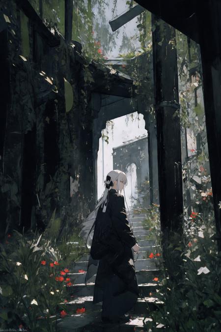 (masterpiece:1.2), best quality,realistic,Tyndall effect,
1girl, scenery, solo, stairs, long hair, ruins, standing, from behind, outdoors, artist name, white hair, wide shot, overgrown, facing away,Red lycoris,
 <lora:ghostdom_20230621222536-000016:1>