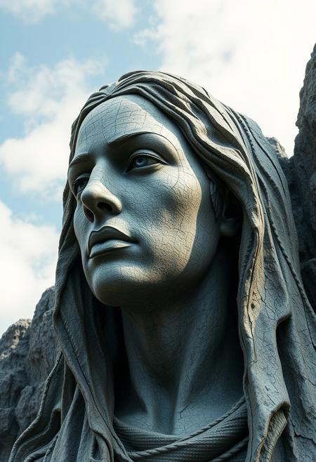 art statue in cliffs, in the style of realistic hyper-detailed portraits, cryengine, detailed facial features, ingrid baars, multi-panel compositions, guido van helten, concept art