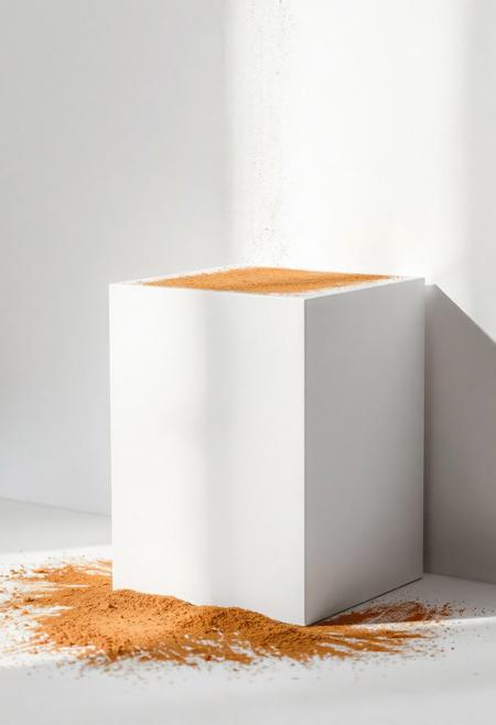 A white cube on a white background, bronze powder falling onto the cube, dramatic crisp light,