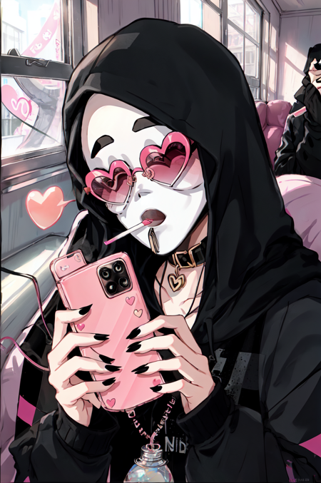 Ghostface Baller, solo, 1boy, holding, male focus, heart, nail polish, window, mask, phone, sunglasses, cellphone, black nails, holding phone, cigarette, drinking straw, smoking, heart-shaped eyewear<lora:Ghostface:0.75>