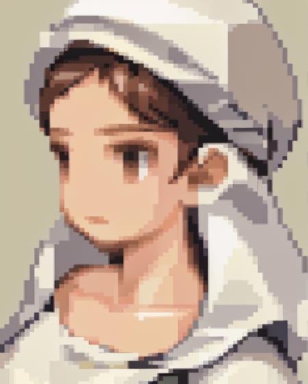 <lora:Final Fantasy Tactics Portraits V1:0.95> final_fantasy_tactics_portrait, pale orange background, no_nose, portrait, 1girl, Milk Maid, young, dark brown hair, white bonnet, white dress,