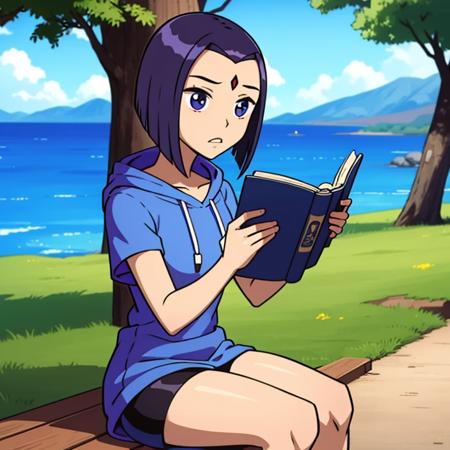 raven,short hair,reading,book, looking at viewer,masterpiece,best quality,tree,blue sky,masterpiece,best quality,absurdres, 8k,highres