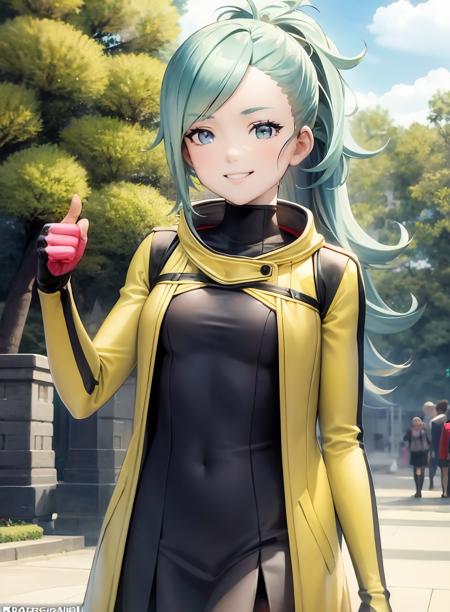 masterpiece, official art, 1girl, CGI,  <lora:mizuki-10_2:0.8>, aionemizuki, long jacket, long sleeves, dress, small breasts, thumbs_up, coat, ponytail, smiling, beautiful green park background