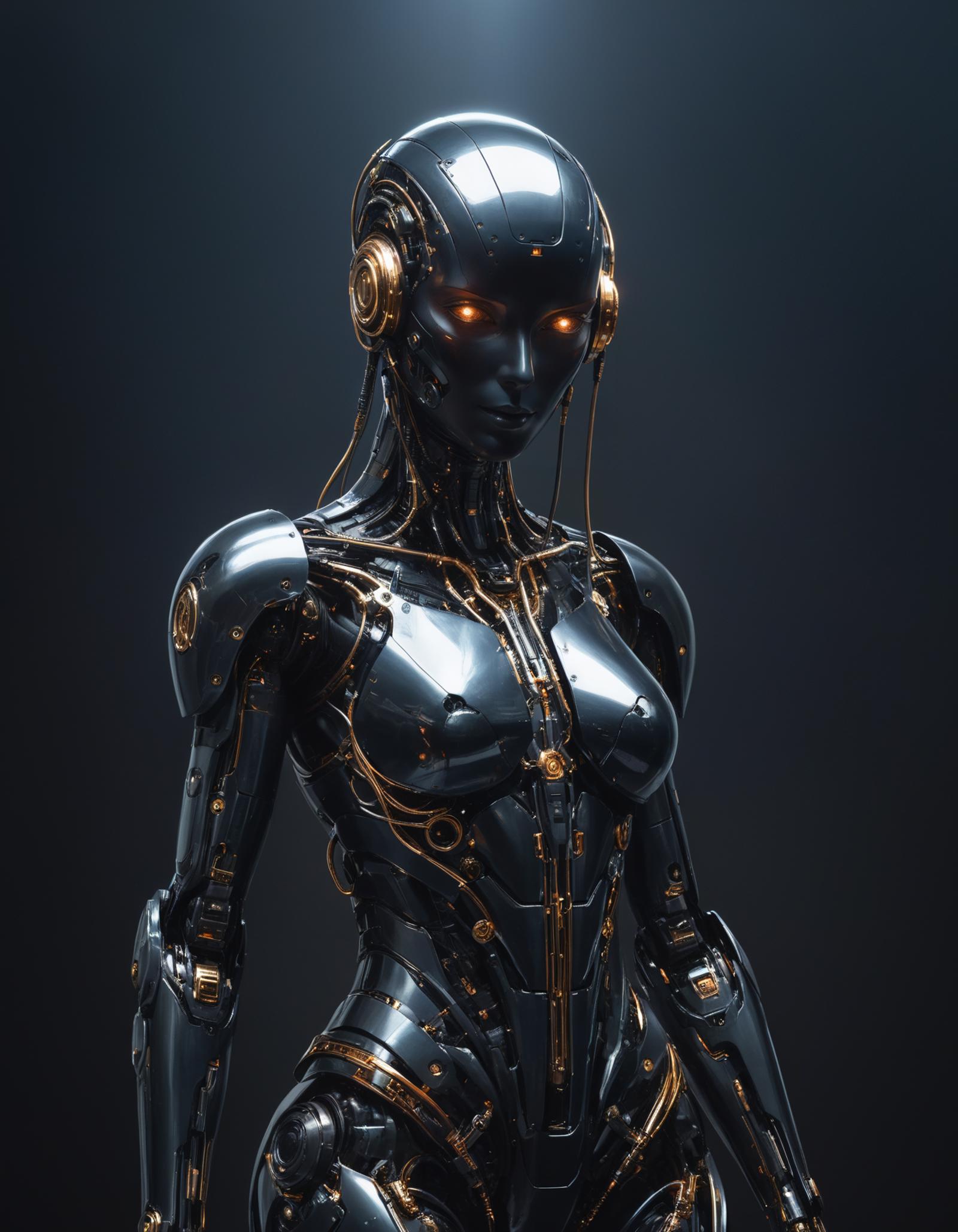 Robotic Woman with Gold Accents and Illuminated Eyes in a Black Background.