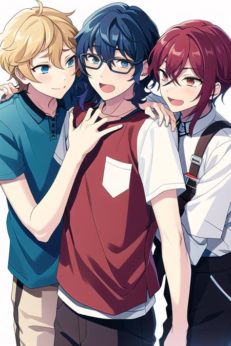 masterpiece, best quality, absurdres, cute, ultra-detailed, <lora:ensemble_stars:0.6>, 3boys,
AND, 3boys, em_harukawa sora, 
AND, 3boys, em_aoba tsumugi, glasses, 
AND, 3boys, em_sakasaki natsume,
indoors