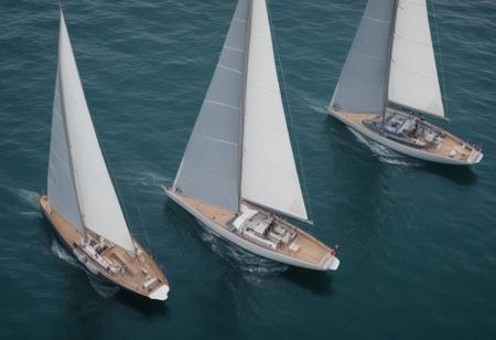 very realistic photograph of a race of several Figaro Bénéteau Class sailboats seen from the top