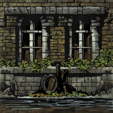 impressionistic painting by John Longstaff, DarkestDungeon, DDAreaWarrens, best videogame textures, albedo texture map, (brown brick, brick wall, wood window, white semitransparent curtains), concrete trim at the bottom of the wall, graffiti on the wall, ivy on the wall, (shovel leaning against the wall, (metal drainpipes, sewer grate, metal drain cut into the concrete)), masterpiece, best quality, 8k