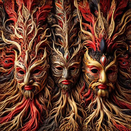 Balinese masks, color palette (red, black, gold), large eyeballs, bird feather ornaments, intricate patterns, mandala-like designs, detailed patterns, full-screen,
8k, score_9, score_8_up, score_7_up,
masterpiece,realistic,ultra detailed, vibrant colors,photo-realistic,
morph-treeroots