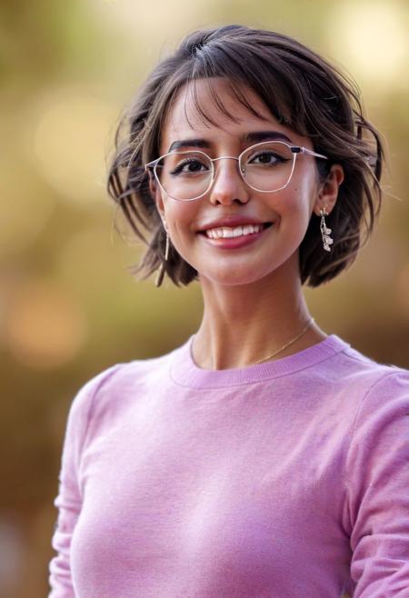1girl, intense bokeh, HD, 4k, brown eyes, perfecteyes, detailed, textured, hyper realistic, vibrant, full body, profile picture, SkinHairDetail, wearing glasses, portrait, looking at viewer, smile