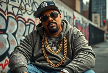 Create a highly detailed, realistic photographic image of a big, heavyset rapper with a bold hip-hop style, inspired by Snoop Dogg and 50 Cent. The rapper wears large gold chains with diamond accents, oversized sunglasses, and a fitted cap turned slightly to the side. His outfit includes a baggy hoodie, jeans, and classic sneakers, with detailed tattoos visible on his forearms. His expression is cool and confident, capturing classic hip-hop swagger. The background features a graffiti-covered wall and urban cityscape, emphasizing a gritty street vibe.