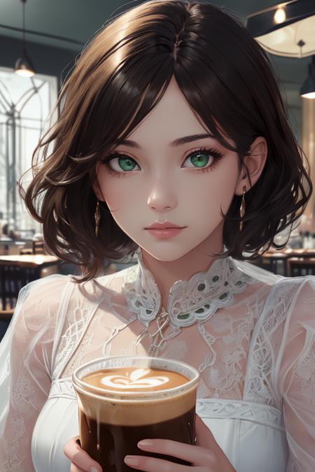 ((high quality:1.2, masterpiece:1.2)), 1girl, beautiful face, (brunette hair, green eyes), dynamic pose, (face shot, upper body), fantasy, (noon, caf background:1.2), absurdres, high details, detailed and intricate, best lighting, sharp focus, realistic lighting, cold tones, color balance, high contrast