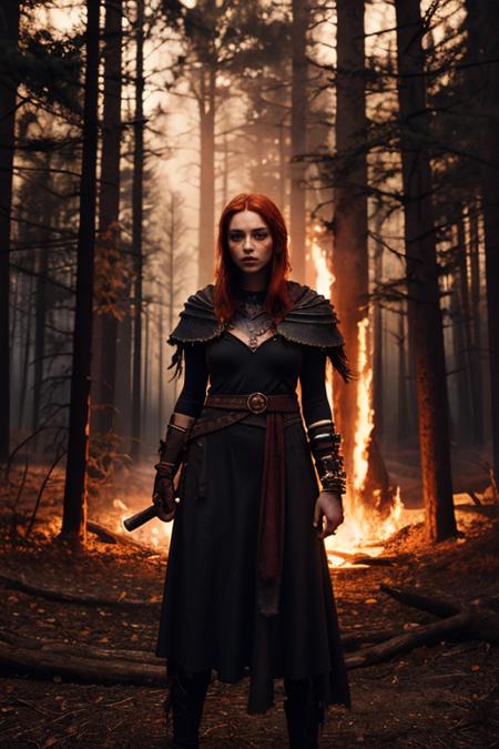 photo of a 20yo girl, Hellblade shaman, illuminated by a big fire,redhead, summoning spirits, night forest background, looking at the camera