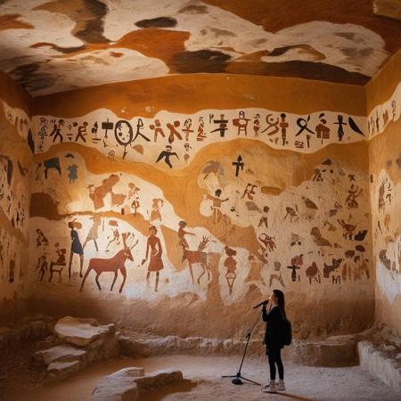 an anime girl singing in a village, (mural in lascaux:1.5), hieroglyphs, directional lighting, masterpiece, perfect composition, abstract glitch, long shot, masterpiece,best quality,very aesthetic, absurdres,