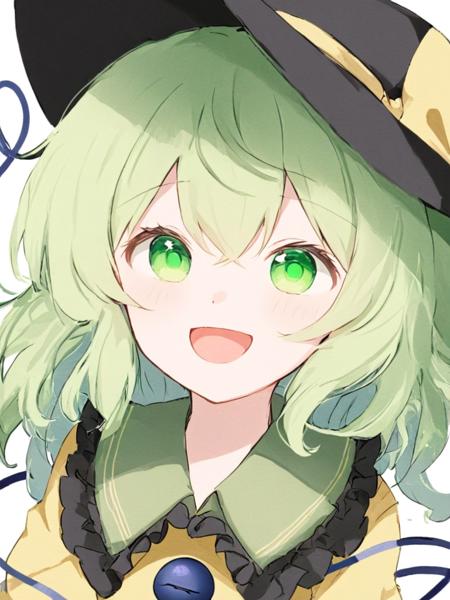 <lora:å¤æå°æ:1>,1girl, solo, hat, komeiji_koishi, green_eyes, green_hair, shirt, yellow_shirt, open_mouth, black_headwear, smile, upper_body, white_background, looking_at_viewer, simple_background, ribbon, frills, hat_ribbon, yellow_ribbon, third_eye, frilled_shirt_collar, bangs