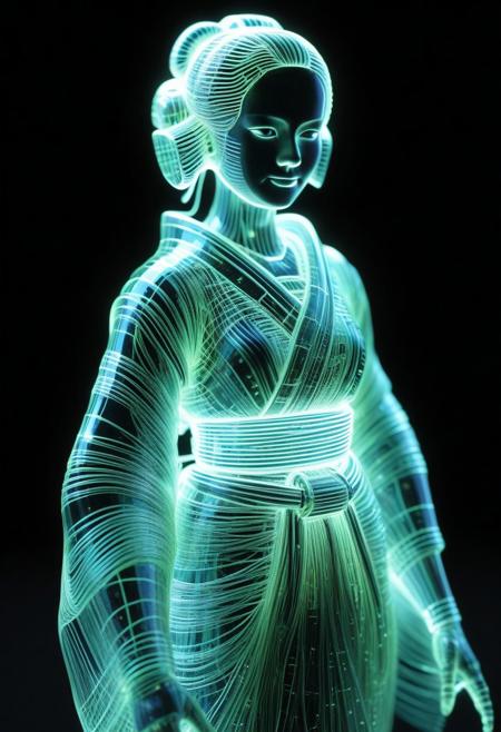 <lora:World_of_Glass_Filament:0.6> made of, tiny neon (glass:1.1) filaments, w0gf1l, Android, geisha, with robotic parts, in flowery kimono, Intricate details, 8 k, cinematic <lora:sss:0.8> subsurface scattering, sss <lora:envyStarlight_v10:0.8>