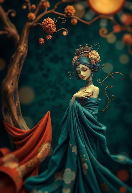 Image with bokeh effect: rich deep teal, whimsical pop-surrealist figures in baroque style, dynamic composition, soft chiaroscuro lighting, flowing drapery, ukiyo-e textures, rich earthy and pastel palette, sharp subject focus, soft background.