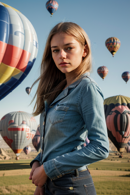 EllaRattigan, photography by (Rodney Smith:1.3), ((upper body focus, shoulders)), modelshoot, pose, (facing viewer, Cappadocia, hot air balloons, looking at viewer, blurry background, bokeh, ID photo:1.3), serious look