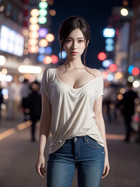 (best quality, masterpiece:1.2),ultra detailed,(photo realistic:1.4),solo,sexy lady,casual clothes,night city,blurry_light_background,<lora:BlurryLight_v1:0.6>,