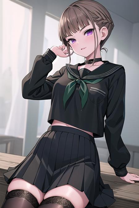 masterpiece, best quality, ultra-high-detailed, Manaka Nemu, short hair, braided hair, brown hair, violet eyes, black serafuku, green necktie, black skirt, black thighhighs,