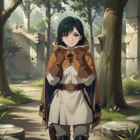 lily (nier:automata),dark green hair,short hair,green eyes,brown hooded cloak,two-sided cloak,hood down,long sleeve white shirt,brown gloves,belt,grey pants,knee pads,thigh holster,boots,