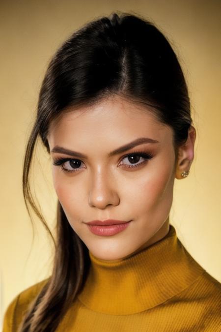 Photo of beautiful v1t0r1a5tr4d4 woman, detailed face, (blurred background)+, yellow turtleneck blouse, analog film grain, makeup+