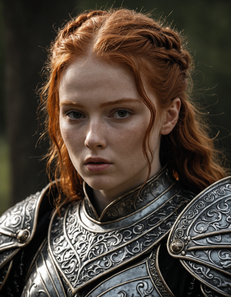 young ginger woman, (worlds most beautiful face), medieval armor, warped organic plating, fused with melted armor and twisted shapes, dark fantasy design, armor is asymmetrical and covered in sharp ridges and baroque engravings, ancient and divine aesthetic, cursed gothic plating, portrait, ultra realistic cinematic photo, natural lighting, soft shadows, shallow depth of field, high detail, sharp focus, 50mm photography, realistic skin texture, accurate anatomy, lifelike expression, natural environment, clean background, highly detailed textures in clothing, hair, and lighting