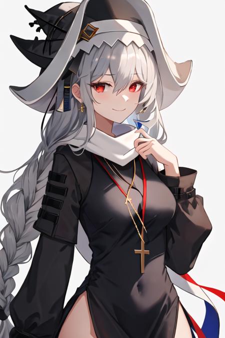 best quality, masterpiece, highres, solo, {specter_arknights:1.15}, long_hair, bangs, red_eyes, hair_between_eyes, smile, black_headwear, grey_hair, white_hair, very_long_hair, upper_body, hat, breasts, 1girl, official_alternate_costume, looking_at_viewer, simple_background, scarf, white_scarf, closed_mouth, jewelry, necklace, black_dress, cross, cross_necklace, dress, white_background, braid, long_sleeves