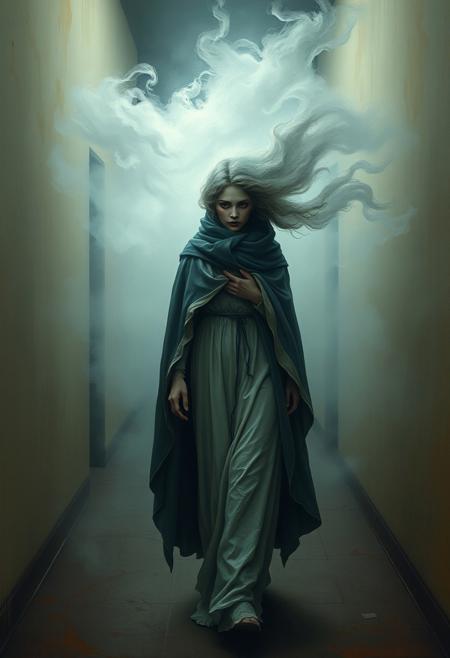 A lone figure in a tattered cloak, their face melting into swirling mist as they walk through an endless hallway
Pre-Raphaelite romanticism meets surrealist poetic vision, luminous and ethereal color palettes, delicate yet expressive brushwork, dreamlike storytelling, richly detailed textures, soft diffused lighting, enigmatic and symbolic compositions, elegant yet haunting figures, intricate natural elements, fluid movement in fabrics and hair, emotional depth with surreal undertones, melancholic yet whimsical atmosphere, fusion of Victorian beauty with surrealist mystery