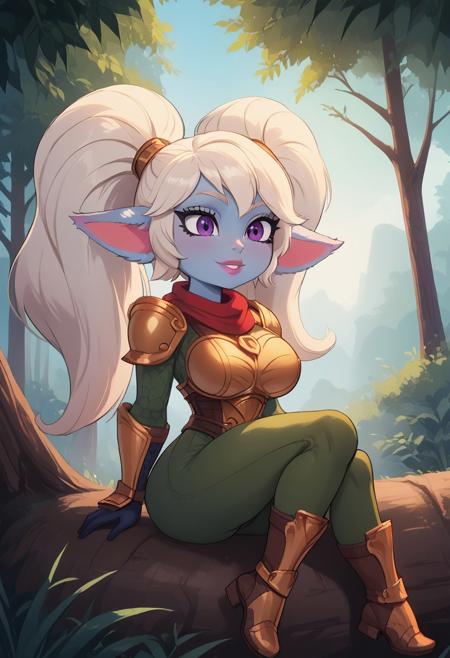 score_9,masterpiece, high quality,ultra detailed eyes,best quality,detailed eyes, beautiful, detailed background, perfect eyes,source_anime, very aesthetic, anime screencap, anime coloring,source_furry,Expressiveh,
1girl,solo,sitting,on tree,smiling,
tall girl,Poppy,lol,yordle,colored skin, blue skin,glossy skin, glossy body,deep skin,white hair,absurdly long hair,twintails,fluffy hair,fluffy ears,purple eyes,toned, long eyelashes,
perfect lips,(curvy:1.1), perfect naturally huge breast,huge thighs, perfect round huge ass,toned ass long legs, perfect ratio proportioned face, curvy shape, hourglass body, perfect waist to hip ratio, perfect female body,(perfect female hands:1.1),(perfect female legs:1.1),
pink lipstick,golden armor, red scarf,green snakeskin shirt, green snakeskin pants, brown boots,
forest,