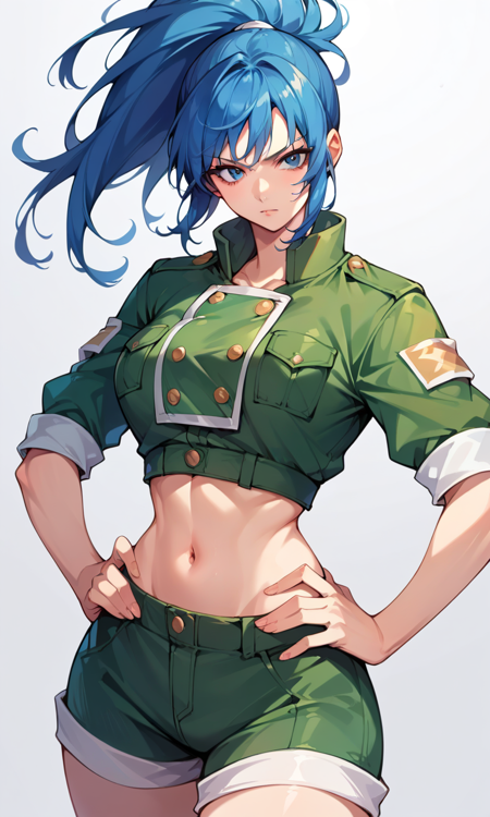 blue hair, ponytail, blue eyes PonyLeona, black tanktop, triangle earrings, midriff, cleavage, black gloves ClassicLeona, green top, shorts, military uniform, midriff HeidernLeona, green jacket, underboob, garrison cap, eyepatch, thigh strap