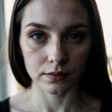 dark shot, face photo of 28 y.o pale woman, makeup, film grain
