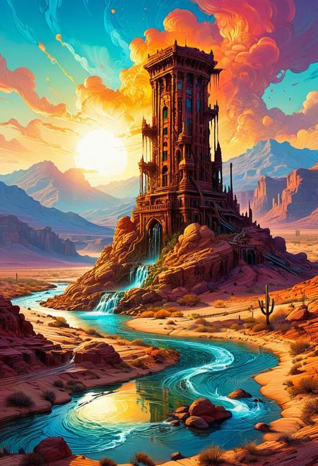 splash art, digital painting, flat 2d illustration, a shower in a desert, intricate details, natural lighting, volumetric lighting maximalist. intricately detailed, mountains, sunset, river,  lines and vibrant splashes of color. the surreal figure appears to be composed of translucent energy, a tower in a desert, landscape by james cameron
<lora:InkArtXL_1.2:0.4> <lora:FaeTastic:0.35> .  incredibly lifelike, high contrast, well defined .