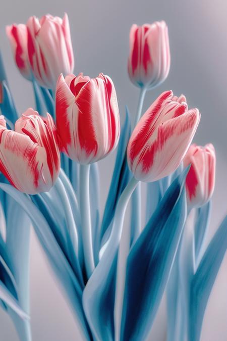 flower, tulip, in the style of light pink and light azure, dreamy and romantic compositions, light azure and amber, ethereal foliage, playful arrangements,