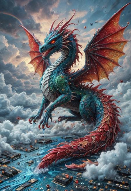 , celestial marble dragon in pcb_style flying through liquid sky, clouds melting into ribbons of color, fluid scales shimmering with white and red hues, glowing eyes, dynamic wings of flowing liquid, painterly lighting, vast fantasy environment, surreal atmosphere, highly detailed, magical realism