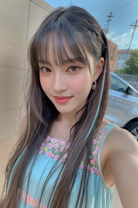 1girl, solo, skinny, brown eyes, black hair, looking at viewer, smile, dress, jewelry, earrings, gradient hair, flowers, outdoors, , (pastel:1.2), hyper realistic, lifelike texture, RAW, (best quality, masterpiece:1.2), (intricate details:1.3), (photo-realistic:1.3), ultra detailed, realistic skin texture, extremely detailed,