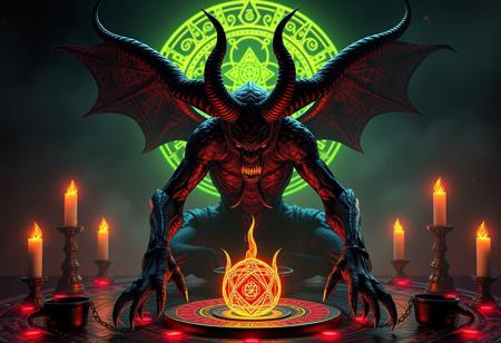 Create a highly detailed, ultra-realistic 4K image of the demon Vecna from Stranger Things on a Black Luster Ritual, inspired by Charles Fremont Conner's style and incorporating elements of sci-fi and Lovecraftian horror. The artwork should feature highly detailed zen prisms, adhere to the golden ratio, and have a striking, vibrant color scheme with a predominantly dimmed atmosphere, high contrast, and soft lighting. The focus should be on Vecna's menacing, evil presence, with 'green man' elements subtly integrated. Ensure the image has micro and lifelike details, utilizes the Unreal Engine 5 or Octane Render for an 8K quality output, and meets the standards of trending artworks on Artstation and CGSociety. No additional legs should be added to Vecna's depiction.