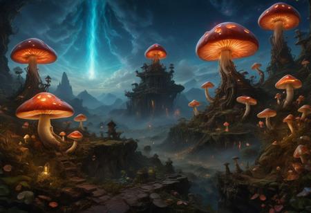 high fantasy,(game morrowind theme:1.5),telvanni tower atop mountain setting,elder scrolls,best quality,hyper detailed,intricate details,wallpaper,8k,masterpiece,landscape of warped mage mushroom tower amidst the red mountains of morrowind,(bio-luminescent fungi landscape:1.3),(towers sculpted from giant flat domed mushrooms:1.4),(mult -domed towers:1.2),amanita muscaria mushrooms,(amanita phalloides death cap mushroom:1.1),lamp lit tower,(gigantic mushroom flat capped towers:1.4),silt striders,(volcanic red mountain ranges:1.2),imposing,(twin moon alien sky:1.1),night,(lava streams:1.2),(volcanic wasteland:1.4),(long eldritch tentacles on towers:1.3),(bio-luminescent flowers:1.1),(bio-luminescent mushrooms:1.1),violet lights,blue stars,(gray ashlands:1.1),lora:juggercinexl2:1>,<lora:detailed_notrigger:1>,(ashlands:1.1),<lora:more_details:1>,<lora:xl-shanbailing-1003fire:1>,<lora:SDXLFaeTastic2400:1>,<lora:LaxpeintXL-2.0:0.7>,