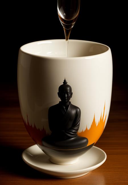 double exposure silhouette of shaolin on black clay vase, wabi-sabi, zen, high contrast, earthy tones, ink and watercolor, orange blossom, tea set, black wood, dark background, cinematic, elegant, intricate, intense, highly detailed, mystical, sharp focus, imposing, professional, artistic, true magic, pure, romantic<lora:NIJI V6 (Midjourney):1><lora:NIJI V6 (Midjourney):1>