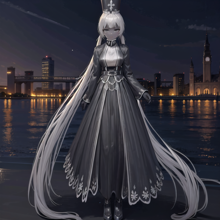 Charon there is a woman with long gray hair, solo, 1girl, very long hair, long hair, absurdly long hair, full body, twintails, monochrome, bangs, long sleeves, dark skin, hat, outdoors, city background, 1girl, Charon,