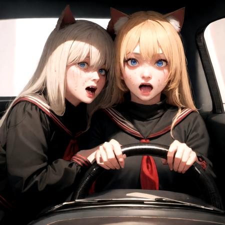 absurdres, highres, ultra detailed, photo realistic,
2girls, cat girl, cat ears, blonde hair, blue eyes, fang, steering wheel, front view, serafuku, school uniform,
constricted pupils,  sweatdrop,  open mouth,  sweat, tears, sweating profusely, 
<lyco:envybetterhandsLocon_beta2:1.0>perfect hands, <lora:kobeni_car_meme_v01l_C3_prodigy5:0.9><lora:LECO_enhance_serafuku_last:2>