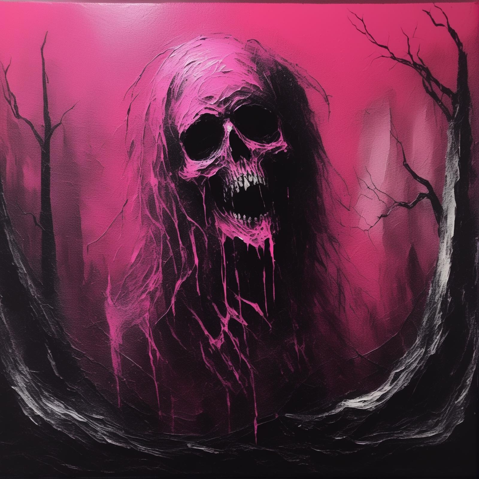 A dark painting of a skeleton with pink background, possibly a skull.
