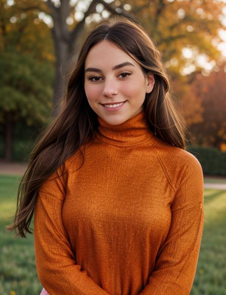 victoria, upper body, smile, outdoor, Spectacular light, bloom, Intricate details, wearing Burnt Orange, Turtleneck