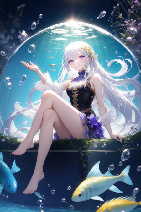 [(Transparent background:1.5)::5],(((masterpiece))),(((best quality))),(((extremely detailed))),illustration, 1girl,solo,mysterious,vivid color,shiny, underwater transparent sealed hemispherical glass dome, (white hair),(purple eyes), full body,barefoot,long hair tranquil nature, koi,Underwater, Dome,close up,Dynamic actions,Lens perspective,(((Box composition))),sit cross-legged and lean against the bookshel, volumetric lighting, multi-color eyes, detailed eyes, hyper detailed,light smile, highly detailed, beautiful, small details, ultra detailed, best quality, intricate, 4k, 8k, trending on artstation, good anatomy, beautiful lighting, award-winning,