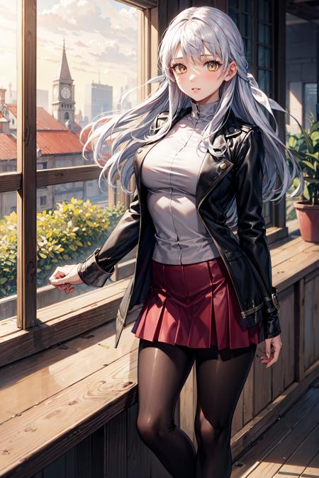 micaiah_(fire_emblem), 1girl, yellow eyes, solo, grey hair, half updo, jacket, open jacket, shirt, skirt, pantyhose,  facing viewer, window, <lora:micaiah-04:1>, <lora:add_detail:0.7>