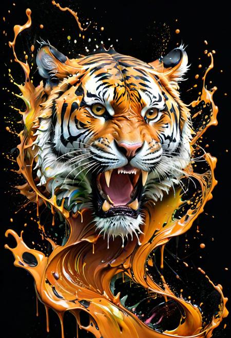 a tiger with a big splash of paint all around  it's face,  Background with more painting splash in an intricate spill that leaves the canvas on a 3D s, masterful digital art, spilling juice, caramel, splash image, adi granov, bioart, strong and ferocious, art photograph, smooth drawing, dew, digital screenshot, artistic rendering.