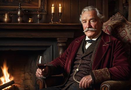 solo focus, 1man, solo, single, noble old man sitting in chair near hearthfire, wrinkles, fireplace, hearth, wearing rich noble clothes, victorian style, tapestry, holding, holding a glass of wine, maroon coat, moustache, attentive eyes. A family shield with crossed swords hangs on the wall, oil painting, traditional media, realistic, dark theme, low light,