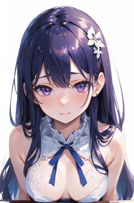 (pixiv best), (best quality), (finely detailed:1.01), [(white background:1.3)::5] hexagon, delicate, (detailed face:1.3), swimsuit, ((face portrait)), 1girl, student, embarrassed, deep purple eyes, faded dark blue wild hair, long bangs, sitting,