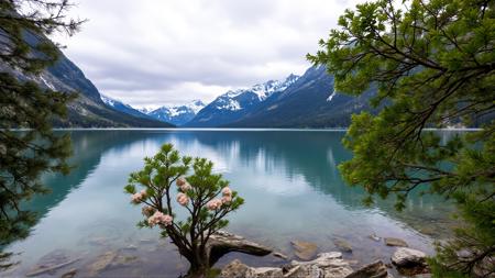 lake, summer in close, mountains with snow picks in far, best HDR photo, good sharpness