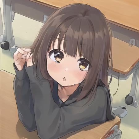 <lora:mcroppep:0.7> 1girl, brown_hair, brown_eyes, serafuku, school_uniform, table, chair, classroom, schoolgirl