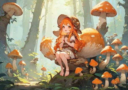 [(white background:1.2): :0.2] , mushrooms forest,(colorful mushrooms:1.1),
petite,flat chest,(standing on one leg :1.1),solo,orange hair,very long hair,brown eyes,hair ornament, no shoes,barefoot,
vines, stone statue,glowing mushrooms,squirrel,marten,